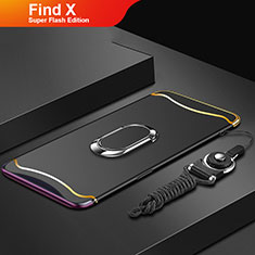 Luxury Metal Frame and Plastic Back Cover Case with Finger Ring Stand and Lanyard for Oppo Find X Super Flash Edition Black