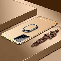 Luxury Metal Frame and Plastic Back Cover Case with Finger Ring Stand and Lanyard for Oppo K9 5G Gold