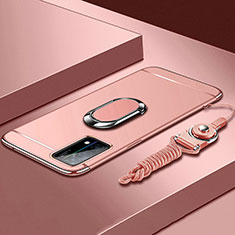 Luxury Metal Frame and Plastic Back Cover Case with Finger Ring Stand and Lanyard for Oppo K9 5G Pink