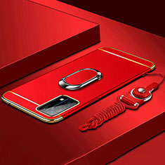 Luxury Metal Frame and Plastic Back Cover Case with Finger Ring Stand and Lanyard for Oppo K9 5G Red