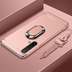 Luxury Metal Frame and Plastic Back Cover Case with Finger Ring Stand and Lanyard for Realme X3 SuperZoom Rose Gold