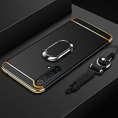 Luxury Metal Frame and Plastic Back Cover Case with Finger Ring Stand and Lanyard for Realme X50 5G Black