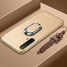 Luxury Metal Frame and Plastic Back Cover Case with Finger Ring Stand and Lanyard for Realme X50 5G Gold