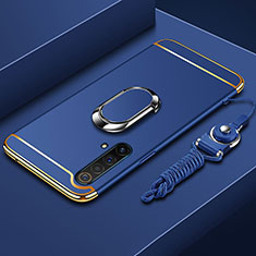 Luxury Metal Frame and Plastic Back Cover Case with Finger Ring Stand and Lanyard for Realme X50t 5G Blue