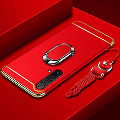 Luxury Metal Frame and Plastic Back Cover Case with Finger Ring Stand and Lanyard for Realme X50t 5G Red