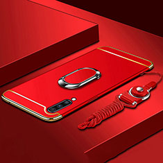 Luxury Metal Frame and Plastic Back Cover Case with Finger Ring Stand and Lanyard for Samsung Galaxy A90 5G Red