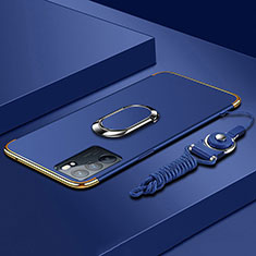 Luxury Metal Frame and Plastic Back Cover Case with Finger Ring Stand for Oppo Reno6 5G Blue