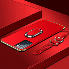 Luxury Metal Frame and Plastic Back Cover Case with Finger Ring Stand for Oppo Reno6 5G Red
