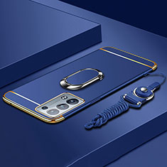 Luxury Metal Frame and Plastic Back Cover Case with Finger Ring Stand for Oppo Reno6 Pro 5G Blue