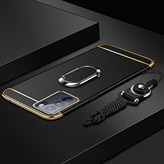 Luxury Metal Frame and Plastic Back Cover Case with Finger Ring Stand for Oppo Reno6 Pro 5G India Black
