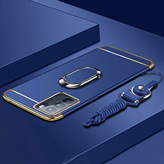 Luxury Metal Frame and Plastic Back Cover Case with Finger Ring Stand for Oppo Reno6 Pro 5G India Blue
