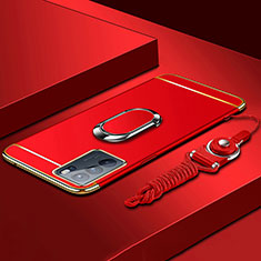 Luxury Metal Frame and Plastic Back Cover Case with Finger Ring Stand for Oppo Reno6 Pro 5G India Red