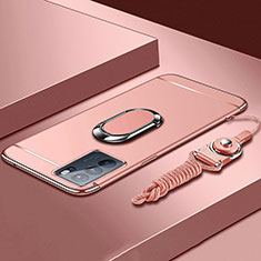 Luxury Metal Frame and Plastic Back Cover Case with Finger Ring Stand for Oppo Reno6 Pro 5G India Rose Gold