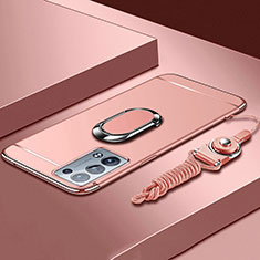 Luxury Metal Frame and Plastic Back Cover Case with Finger Ring Stand for Oppo Reno6 Pro+ Plus 5G Rose Gold