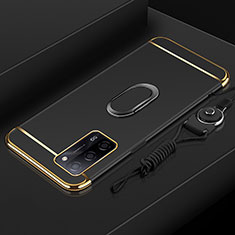 Luxury Metal Frame and Plastic Back Cover Case with Finger Ring Stand P01 for Oppo A53s 5G Black
