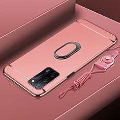 Luxury Metal Frame and Plastic Back Cover Case with Finger Ring Stand P01 for Oppo A53s 5G Rose Gold