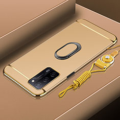 Luxury Metal Frame and Plastic Back Cover Case with Finger Ring Stand P01 for Oppo A56 5G Gold