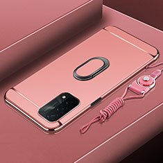 Luxury Metal Frame and Plastic Back Cover Case with Finger Ring Stand P01 for Oppo A74 5G Rose Gold