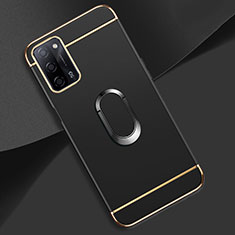 Luxury Metal Frame and Plastic Back Cover Case with Finger Ring Stand P02 for Oppo A53s 5G Black