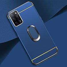 Luxury Metal Frame and Plastic Back Cover Case with Finger Ring Stand P02 for Oppo A53s 5G Blue