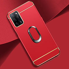 Luxury Metal Frame and Plastic Back Cover Case with Finger Ring Stand P02 for Oppo A53s 5G Red