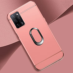 Luxury Metal Frame and Plastic Back Cover Case with Finger Ring Stand P02 for Oppo A53s 5G Rose Gold