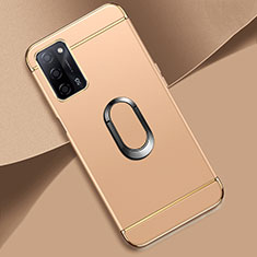 Luxury Metal Frame and Plastic Back Cover Case with Finger Ring Stand P02 for Oppo A56 5G Gold