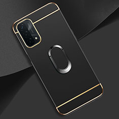 Luxury Metal Frame and Plastic Back Cover Case with Finger Ring Stand P02 for Oppo A93 5G Black