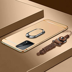 Luxury Metal Frame and Plastic Back Cover Case with Finger Ring Stand P03 for OnePlus Nord N200 5G Gold