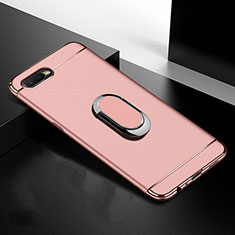 Luxury Metal Frame and Plastic Back Cover Case with Finger Ring Stand T01 for Oppo R15X Rose Gold