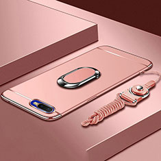 Luxury Metal Frame and Plastic Back Cover Case with Finger Ring Stand T02 for Oppo K1 Rose Gold