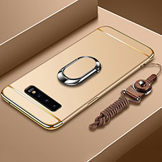Luxury Metal Frame and Plastic Back Cover Case with Finger Ring Stand T02 for Samsung Galaxy S10 Plus Gold