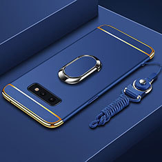 Luxury Metal Frame and Plastic Back Cover Case with Finger Ring Stand T02 for Samsung Galaxy S10e Blue
