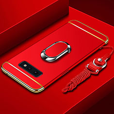 Luxury Metal Frame and Plastic Back Cover Case with Finger Ring Stand T02 for Samsung Galaxy S10e Red