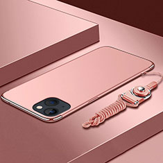 Luxury Metal Frame and Plastic Back Cover Case with Lanyard for Apple iPhone 13 Mini Rose Gold