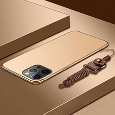 Luxury Metal Frame and Plastic Back Cover Case with Lanyard for Apple iPhone 13 Pro Gold