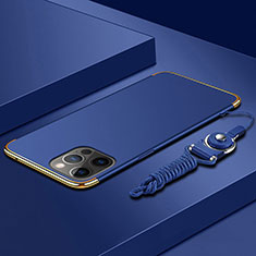 Luxury Metal Frame and Plastic Back Cover Case with Lanyard for Apple iPhone 13 Pro Max Blue