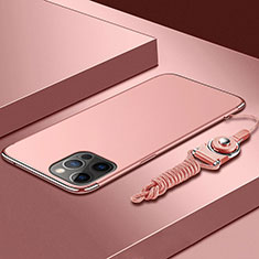 Luxury Metal Frame and Plastic Back Cover Case with Lanyard for Apple iPhone 13 Pro Max Rose Gold