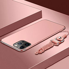 Luxury Metal Frame and Plastic Back Cover Case with Lanyard for Apple iPhone 13 Pro Rose Gold