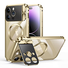 Luxury Metal Frame and Plastic Back Cover Case with Mag-Safe Magnetic LK4 for Apple iPhone 13 Pro Gold