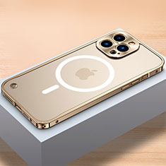 Luxury Metal Frame and Plastic Back Cover Case with Mag-Safe Magnetic QC1 for Apple iPhone 13 Pro Max Gold