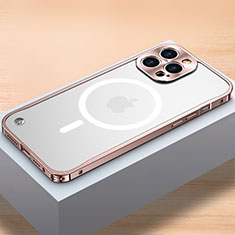 Luxury Metal Frame and Plastic Back Cover Case with Mag-Safe Magnetic QC1 for Apple iPhone 13 Pro Rose Gold