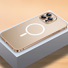 Luxury Metal Frame and Plastic Back Cover Case with Mag-Safe Magnetic QC2 for Apple iPhone 13 Pro Gold
