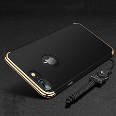 Luxury Metal Frame and Plastic Back Cover with Finger Ring Stand and Lanyard for Apple iPhone 7 Plus Black
