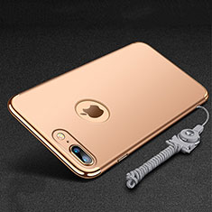 Luxury Metal Frame and Plastic Back Cover with Finger Ring Stand and Lanyard for Apple iPhone 7 Plus Gold