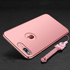 Luxury Metal Frame and Plastic Back Cover with Finger Ring Stand and Lanyard for Apple iPhone 7 Plus Rose Gold