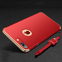 Luxury Metal Frame and Plastic Back Cover with Finger Ring Stand and Lanyard for Apple iPhone 8 Plus Red