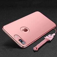 Luxury Metal Frame and Plastic Back Cover with Finger Ring Stand and Lanyard for Apple iPhone 8 Plus Rose Gold