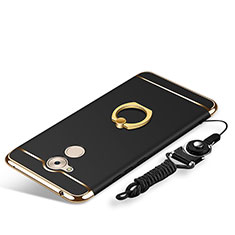 Luxury Metal Frame and Plastic Back Cover with Finger Ring Stand and Lanyard for Huawei Enjoy 6S Black