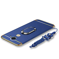 Luxury Metal Frame and Plastic Back Cover with Finger Ring Stand and Lanyard for Huawei Enjoy 7 Plus Blue